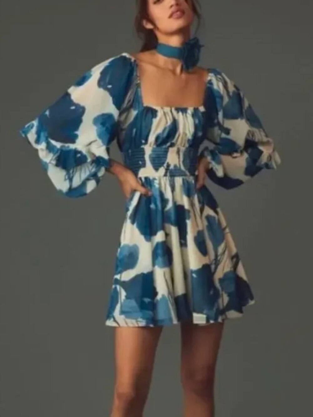 Hutch Long Sleeve Blue & White Floral Smocked Waist Chiffon Romper Dress